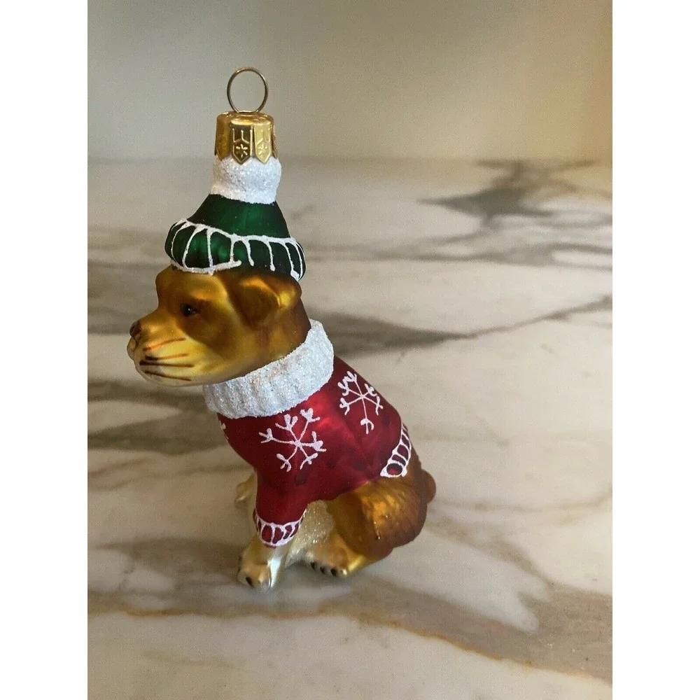 Dog Christmas Ornament Wearing Red Sweater & Green Hat Hand-Painted Glass